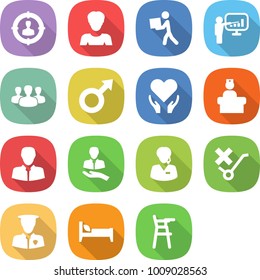 flat vector icon set - target audience vector, woman, courier, presentation, group, male sign, health care, hospital recieption, client, support manager, do not trolley, security man, bed