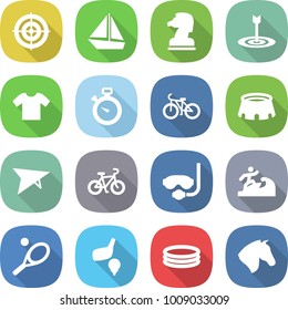 flat vector icon set - target vector, boat, chess horse, t shirt, stopwatch, bike, stadium, deltaplane, diving mask, surfer, tennis, golf, inflatable pool