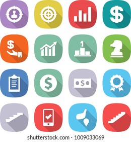 flat vector icon set - target audience vector, graph, dollar, investment, diagram, pedestal, chess horse, clipboard, coin, money, medal, stairs, mobile checking, golf
