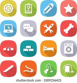 flat vector icon set - target vector, report, pencil, star, notebook, discussion, wrench, bone, drawbridge, block wall, bed, washing machine, stairs, walnut crack, vacuum cleaner