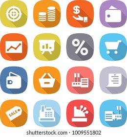 flat vector icon set - target vector, coin stack, investment, wallet, statistics, presentation, percent, cart, remove from basket, store, shopping list, sale label, cashbox, mall