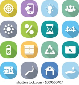 flat vector icon set - target vector, touch, bulb, group, round around, percent, sand clock, bridge, do not distrub, chest of drawers, recycle, browser window, coffee maker, sickle, barn