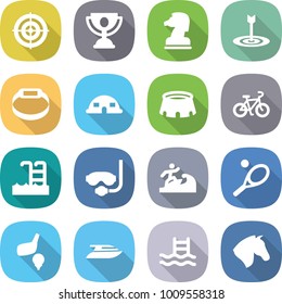 flat vector icon set - target vector, trophy, chess horse, smart bracelet, dome house, stadium, bike, pool, diving mask, surfer, tennis, golf, yacht