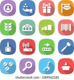 flat vector icon set - target audience vector, chemical industry, gift, store signboard, spikelets, greenhouse, sorting, bar code, scoop, router, conveyor, meat hammer, coffee seeds, viruses