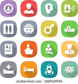 flat vector icon set - target audience vector, woman, bulb head, pass card, wc, bandaged, male sign, reflector, anamnesis, hospital recieption, client, security man, bed, cleaner, outsource