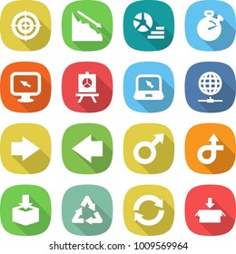 flat vector icon set - target vector, crisis, diagram, stopwatch, monitor arrow, presentation, notebook, globe connect, right, left, male sign, trip, package, recycle, reload
