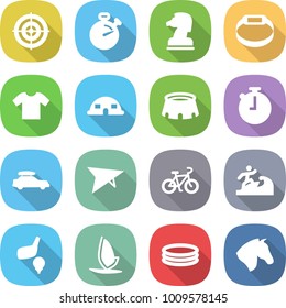 flat vector icon set - target vector, stopwatch, chess horse, smart bracelet, t shirt, dome house, stadium, car baggage, deltaplane, bike, surfer, golf, windsurfing, inflatable pool