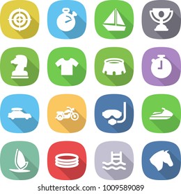 flat vector icon set - target vector, stopwatch, boat, trophy, chess horse, t shirt, stadium, car baggage, motorcycle, diving mask, jet ski, windsurfing, inflatable pool