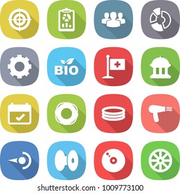 flat vector icon set - target vector, report, group, circle diagram, gear, bio, medical flag, goverment house, terms, lifebuoy, inflatable pool, hair dryer, photon, coil, cd, wheel