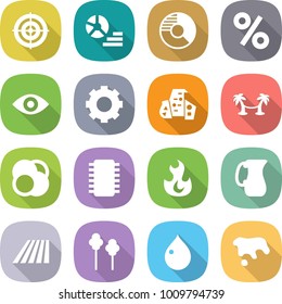 flat vector icon set - target vector, diagram, circle, percent, eye, gear, modern architecture, palm hammock, atom core, chip, fire, jug, field, trees, drop, spot