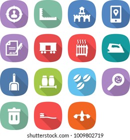 flat vector icon set - target audience vector, ruler, fort, mobile location, inventory, railroad shipping, radiator, iron, scoop, salt pepper, coffee seeds, viruses, trash bin, tooth brush