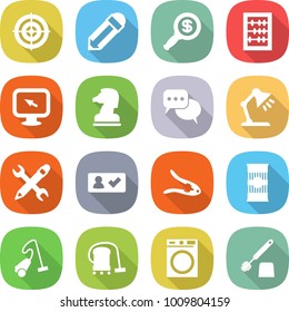 flat vector icon set - target vector, pencil, dollar magnifier, abacus, monitor arrow, chess horse, discussion, table lamp, wrench, check in, walnut crack, pasta, vacuum cleaner, washing machine