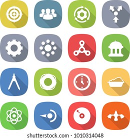 flat vector icon set - target vector, group, around gear, core splitting, round, spinner, goverment house, drawing compasses, lifebuoy, watch, washing, atom, photon, cd, hard reach place cleaning