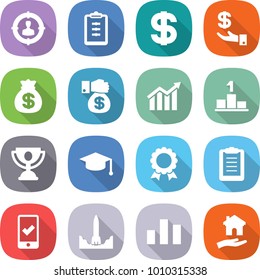 flat vector icon set - target audience vector, clipboard, dollar, investment, money bag, gift, diagram, pedestal, trophy, graduate hat, medal, mobile checking, rocket start, chart, housing