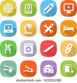 flat vector icon set - target vector, report, pencil, monitor arrow, notebook, table lamp, wrench, bed, Chair for babies, washing machine, stairs, link, garlic clasp, walnut crack, cheese
