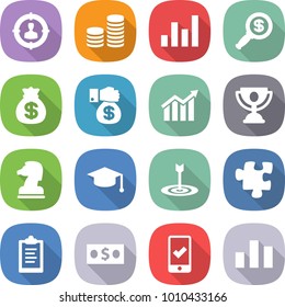 flat vector icon set - target audience vector, coin stack, graph, dollar magnifier, money bag, gift, diagram, trophy, chess horse, graduate hat, puzzle, clipboard, mobile checking, chart