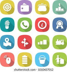 flat vector icon set - target vector, wallet, purse, pedestal, bulb, phone, info, medal, map, route, sorting, train, wireless mouse, battery, bucket, garbage bin