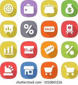 flat vector icon set - target vector, wallet, purse, money bag, presentation, percent, sale, graph up, market scales, label, cashbox, shop, cart