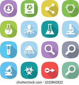 flat vector icon set - target audience vector, annual report, molecule, hex, round flask, virus, microscope, vial, lunar rover, magnifier, biohazard, electron