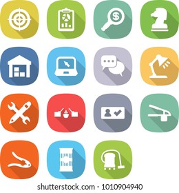 flat vector icon set - target vector, report, dollar magnifier, chess horse, warehouse, notebook, discussion, table lamp, pencil wrench, drawbridge, check in, garlic clasp, walnut crack, pasta