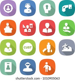 flat vector icon set - target audience vector, call center, bulb head, hand coin, hospital recieption, architector, client, support manager, customs, passenger, surfer, identity card, vr helmet