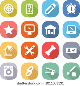 flat vector icon set - target vector, report, pencil, alarm clock, star, monitor arrow, warehouse, notebook, table lamp, wrench, bone, check in, washing machine, link, garlic clasp, toilet brush