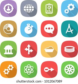 flat vector icon set - target audience vector, globe, report, gear, circle diagram, stopwatch, balloon, draw compass, goverment house, route, washing, inflatable pool, gears, atom, electron, wheel