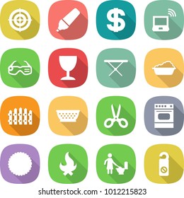 flat vector icon set - target vector, marker, dollar, notebook wireless, smart glasses, wineglass, iron board, washing, fence, colander, scissors, oven, cookies, fire, toilet cleaning