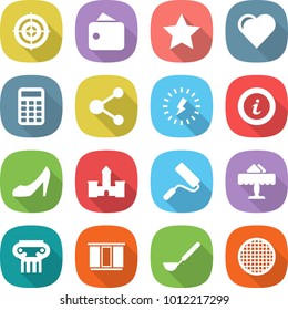 flat vector icon set - target vector, wallet, star, heart, calculator, molecule, lightning, info, shoes, castle, repair, restaurant, antique column, wardrobe, ladle, sieve