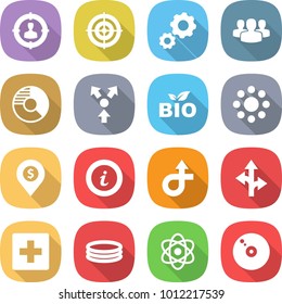 flat vector icon set - target audience vector, gear, group, circle diagram, core splitting, bio, round around, dollar pin, info, trip, route, first aid, inflatable pool, atom, cd