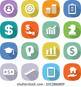 flat vector icon set - target audience vector, coin stack, clipboard, dollar, investment, diagram, chess horse, graduate hat, bulb head, graph up, money, stairs, housing