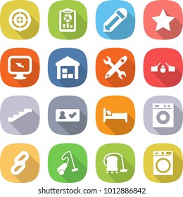 flat vector icon set - target vector, report, pencil, star, monitor arrow, warehouse, wrench, drawbridge, stairs, check in, bed, washing machine, link, vacuum cleaner