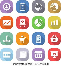 flat vector icon set - target audience vector, clipboard, circle diagram, statistics, presentation, graph up, add to cart, delete, market, shopping list