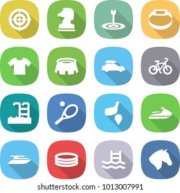 flat vector icon set - target vector, chess horse, smart bracelet, t shirt, stadium, car baggage, bike, pool, tennis, golf, jet ski, yacht, inflatable