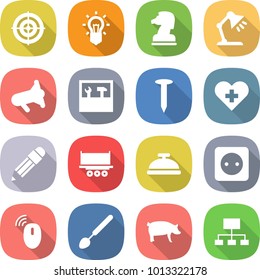 flat vector icon set - target vector, bulb, chess horse, table lamp, megafon, tools, nail, heart cross, pencil, truck shipping, service bell, power socket, wireless mouse, big spoon, pig, hierarchy