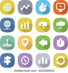 flat vector icon set - target vector, graph, stopwatch, monitor arrow, globe connect, up, cloud service, wireless, dollar pin, left, signpost, compass, chart, reload