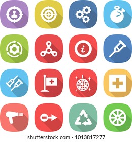 flat vector icon set - target audience vector, gear, stopwatch, around, spinner, info, crutch, medical flag, disco ball, first aid, hair dryer, electron, recycle, wheel