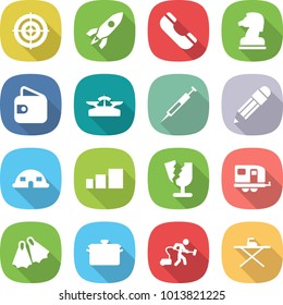 flat vector icon set - target vector, rocket, phone, chess horse, wallet, scales, syringe, pencil, dome house, sorting, broken, trailer, flippers, pan, vacuum cleaner, iron board