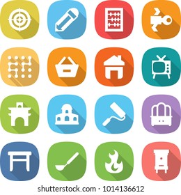 flat vector icon set - target vector, pencil, abacus, satellite, chip, remove from basket, home, tv, arch, mansion, repair, dresser, stool, ladle, fire, hive