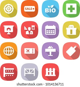 flat vector icon set - target vector, sale, bio, medical cross, presentation, architector, calendar, hi quality package, globe, ticket, restaurant, cutting board, watering, farm fence