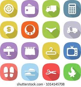 flat vector icon set - target vector, wallet, truck, calculator, money message, necklace, underpants, scooter shipping, restaurant, curtain, hanger, tv, slippers, scissors, fire
