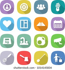 flat vector icon set - target audience vector, group, bulb, heart, window, pyramid, calendar, heavy, water tap, atom core, surveillance camera, whisk, turk, shovel, garbage bin