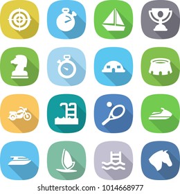 flat vector icon set - target vector, stopwatch, boat, trophy, chess horse, dome house, stadium, motorcycle, pool, tennis, jet ski, yacht, windsurfing