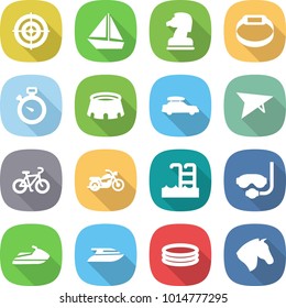 flat vector icon set - target vector, boat, chess horse, smart bracelet, stopwatch, stadium, car baggage, deltaplane, bike, motorcycle, pool, diving mask, jet ski, yacht, inflatable