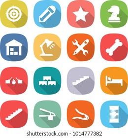 flat vector icon set - target vector, pencil, star, chess horse, warehouse, table lamp, wrench, bone, drawbridge, block wall, stairs, bed, garlic clasp, walnut crack, pasta