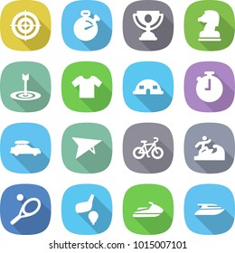 flat vector icon set - target vector, stopwatch, trophy, chess horse, t shirt, dome house, car baggage, deltaplane, bike, surfer, tennis, golf, jet ski, yacht