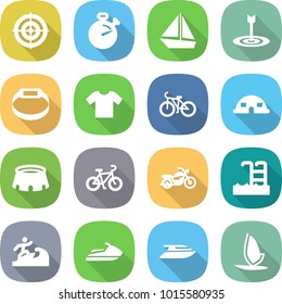 flat vector icon set - target vector, stopwatch, boat, smart bracelet, t shirt, bike, dome house, stadium, motorcycle, pool, surfer, jet ski, yacht, windsurfing