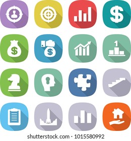 flat vector icon set - target audience vector, graph, dollar, money bag, gift, diagram, pedestal, chess horse, bulb head, puzzle, stairs, clipboard, rocket start, chart, housing