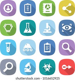 flat vector icon set - target audience vector, clipboard, annual report, molecule, hex, flask, microscope, eye identity, vial, lunar rover, magnifier, biohazard, electron