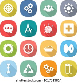 flat vector icon set - target vector, gear, group, round around, balloon, draw compass, disco ball, first aid, lifebuoy, watch, washing, coil, laser, recycle, gears, paper towel